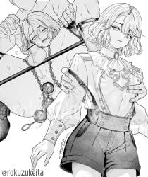 2boys anal_beads anus bondage flaccid greyscale groping inverted_nipples medium_hair monochrome multiple_boys open_clothes open_mouth original penis perineum_piercing precum rokuzukeita sex_toy shirt testicles thighs trap urethral_beads yaoi