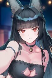 :3 ai_generated animal_ear_fluff animal_ears arm_strap bare_shoulders bell black_bra black_choker black_hair blunt_bangs blurry blurry_background blush bra breasts cat_cutout cat_lingerie choker cleavage cleavage_cutout closed_mouth clothing_cutout collarbone female fox_ears frilled_bra frills hikari406 hoshimi_miyabi jingle_bell large_breasts long_hair looking_at_viewer meme_attire neck_bell panties red_eyes selfie solo uncensored underwear upper_body zenless_zone_zero