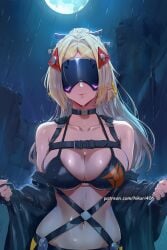 ai_generated bare_shoulders bikini black_bikini blonde_hair breasts choker cleavage closed_mouth collarbone covered_eyes detached_hair female full_moon hair_ornament headgear hikari406 jacket large_breasts long_hair mask moon navel night off_shoulder open_clothes outdoors parted_bangs ponytail rain skindentation solo stomach swimsuit tagme trigger_(zenless_zone_zero) uncensored upper_body web_address wet zenless_zone_zero