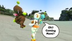 100acrew 1boy 2025 2girls anthro ass ass_focus beach big_ass chao_(sonic) cheese_the_chao chocola_the_chao cream_the_rabbit dialogue female flying male mobian mobian_(species) rabbit_girl sega sfm sonic_(series) sonic_the_hedgehog_(series) source_filmmaker speech_bubble standing