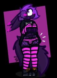 arm_warmers armwear big_ears big_tail black_clothing black_shirt black_t-shirt black_topwear blep blush blush_lines bottomwear bulge canid canine clothed clothing clothing_lift detailed_bulge ear_blush ears_down eye_through_hair eyelashes femboy fennec_fox fishnet_clothing fishnet_legwear footwear fox fur geometric_background hair legs_together legwear male mammal panties pantsless pattern_arm_warmers pattern_armwear pattern_bottomwear pattern_clothing pattern_legwear pattern_panties pattern_thigh_highs pattern_underwear pink_clothing pivoted_ears portuguese_text purple_body purple_fur purple_hair roxo roxo_(artist) shirt shirt_lift shoes signature simple_background solo standing striped_arm_warmers striped_armwear striped_bottomwear striped_clothing striped_legwear striped_panties striped_thigh_highs striped_underwear stripes t-shirt tail text text_on_clothing text_on_shirt text_on_topwear thigh_highs tongue tongue_out topwear translucent translucent_hair true_fox underwear