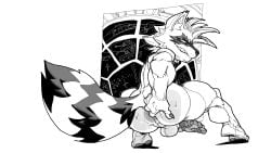 anthro anus ass backsack balls barefoot biped black_and_white bodily_fluids claws crouching digital_media_(artwork) facial_markings feet flaccid fluffy fluffy_tail fur genitals guardians_of_the_galaxy hand_on_butt hand_on_own_butt head_markings looking_at_viewer looking_back looking_back_at_viewer male male_anthro mammal markings marvel marvel_rivals mask_(marking) mohawk monochrome nsfuwu4 nude nude_anthro nude_male pawpads paws penis perineum presenting presenting_anus presenting_hindquarters procyonid raccoon rear_view robotic_arm rocket_raccoon science_fiction short short_anthro short_male simple_background smile smirk solo space sweat tail teeth teeth_showing toes white_background window