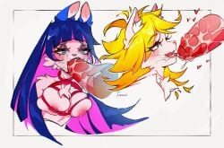 absurd_res ambiguous_fluids anthro bandage bodily_fluids bondage booba bound breasts clothing cum domestic_cat duo felid feline felis fellatio female female/female genital_fluids genitals hi_res lagomorph legwear leporid mammal nude oral panties panty_anarchy panty_and_stocking_with_garterbelt penile penis rabbit restraints rope rope_bondage rope_harness sex stocking_anarchy stockings sucking tokkot underwear vulva