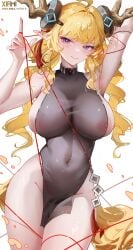 absurdres ahoge arknights arm_behind_head arm_up armpits artist_name bare_shoulders bilibili_username blonde_hair blush bodystocking breasts brown_horns cleavage closed_mouth collarbone covered_erect_nipples covered_navel dragon_girl dragon_horns drill_hair female groin hand_up highres horns huade_xiami index_finger_raised large_breasts leizi_(arknights) leizi_the_thunderbringer_(arknights) long_hair looking_at_viewer navel nipple_slip nipples pointy_ears purple_eyes ring_hair_ornament see-through_cleavage see-through_clothes sideboob simple_background smile solo standing string string_around_finger thighs twin_drills twintails very_long_hair white_background
