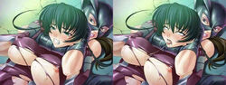 2girls ahe_gao arm_grab asphyxiation battle black_hair blue_eyes blush bodysuit brown_hair catfight choke_hold clenched_teeth clothing death defeated drooling dutch_angle dying elbow_gloves erect_nipples eyeshadow femdom fight fukumen_sugata_no_onna_senshi gloves green_eyes green_hair headlock igawa_asagi kagami_hirotaka large_breasts lipstick lying makeup mask mma multiple_girls nipple_slip nipples no_bra on_back on_floor on_ground open_mouth rolling_eyes shiny shiny_clothes skin_tight strangling submission sweat taimanin_(series) taimanin_asagi tears teeth tongue tongue_out torn_clothes underboob violence wrestler yuri