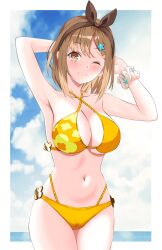 1girls arm_behind_head armpit armpit_crease armpit_peek armpits atelier_(series) atelier_ryza bare_armpits bare_arms bare_belly bare_chest bare_hands bare_hips bare_legs bare_midriff bare_navel bare_shoulders bare_skin bare_thighs belly belly_button big_breasts bikini bikini_bottom bikini_only bikini_top blue_sky blush blush_face blushing_at_viewer blushing_female blushing_lines breasts brown_eyebrows brown_eyes brown_eyes_female brown_hair brown_hair_female busty busty_female busty_girl cleavage closed_mouth_smile clouds collarbone curvaceous curvaceous_body curvaceous_female curvaceous_figure curvaceous_hips curvy curvy_body curvy_female curvy_figure curvy_hips day daylight daytime digital digital_art digital_drawing digital_drawing_(artwork) digital_media digital_media_(artwork) elbows exposed_armpits exposed_arms exposed_belly exposed_chest exposed_hips exposed_legs exposed_midriff exposed_navel exposed_shoulders exposed_skin exposed_thighs eye_closed female female_focus female_only groin hair_clip hair_clips hair_ornament hairband hairclip hairclips hairless_armpits half_naked half_nude halterneck hand_behind_head head_tilt high_resolution highres hourglass_figure kiniro_tofu large_boobs large_breasts lean_figure looking_at_viewer medium_hair midriff naked naked_female naked_woman narrow_waist navel nude nude_female nudity one_eye_closed one_eye_open outdoor outdoor_nudity outdoors outside partially_exposed_vulva partially_visible_vulva plump_breasts reisalin_stout semi_nude shaved_armpits shoulders sky slender_body slender_waist slim_waist smile smiley_face smiling smiling_at_viewer smirk solo standing string_bikini swimsuit swimwear thick_thighs thighs tilted_head upper_body wide_hips wink winking winking_at_viewer winking_eye yellow_bikini yellow_bikini_bottom yellow_bikini_top yellow_string_bikini yellow_swimsuit yellow_swimwear