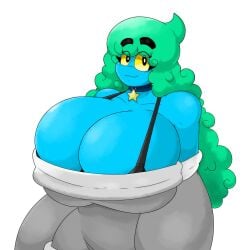 :3 black_bra bloob_(omegabrawl) blue_skin breasts female gray_sweater green_hair large_breasts mimic_chest omegabrawl yellow_eyes