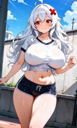 1girls ai_generated ass big_breasts breasts busty_female curvaceous curvy erispheria female female_focus hair_ornament hi_res high_resolution highres hourglass_figure red_eyes smile sports_bra sports_shorts sportswear twitch virtual_youtuber vtuber white_hair wide_hips x_hair_ornament younger_female youtube youtube_hispanic