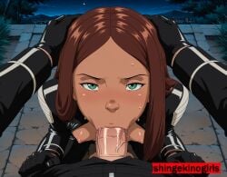 ai_generated blowjob bodysuit breasts breasts_out brown_hair cum dark-skinned_male dark_skin deepthroat fellatio green_eyes head_grab laura_kinney male oral oral_sex pov pov_eye_contact shingekinogirls tongue x-23 x-men x-men_evolution