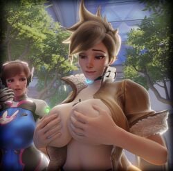 1boy 2girls asian asian_female between_breasts big_breasts blizzard_entertainment breasts british british_female brown_hair brown_hair_female d.va dbhfrost european european_female female giantess glasses hana_song korean korean_female large_boobs large_breasts lena_oxton light-skinned_female light_skin male medium_hair medium_hair_female overwatch overwatch_2 short_hair short_hair_female shrunk shrunken_male sunglasses tracer video_game_character