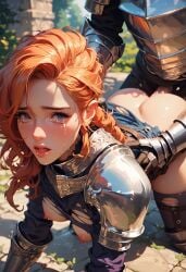 ai_generated blue_eyes doggy_style female knight rape red_head ripped_clothing tears