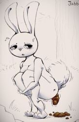 2023 anthro artist_name bent_legs blush blush_lines bodily_fluids breasts butt_dimples cleavage clothed clothing crouching eyebrows eyelashes eyeshadow feces feces_on_ground female grass holding_both_legs holding_leg jubb knock-kneed lagomorph leporid lidded_eyes makeup mammal motion_lines open_mouth outside plant pooping_on_floor pooping_outside rabbit rabbit_ears scut_tail shaking short_tail side_butt solo straining sweat sweatdrop tail text tree