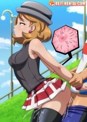 1boy 1girls alternate_costume arm_grab arms_held_back clothed clothed_sex cum cum_in_pussy cum_inside earrings ejaculation faceless_male female from_behind grabbing grabbing_arms grabbing_from_behind impregnation male miniskirt official_alternate_costume outside outside_sex pleasure_face pokemon pokemon_(anime) pokemon_journeys pokemon_xy prison_guard_position pussy reit satoshi_(pokemon) serena_(pokemon) sex sex_from_behind short_hair short_skirt skirt skirt_up standing_sex tagme watermark