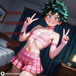 1boy ai_generated crossdressing crossdressing_male cuck cuckold double_v embarrassed english_text female femboy femboy_focus femboy_only femdom femdom_caption feminine_male feminization forced_feminization green_eyes green_hair humiliation izuku_midoriya kitina light_skin looking_at_viewer male midoriya_izuku my_hero_academia nervous nervous_smile peace_sign pink_skirt pink_sleeves pink_topwear shy sleeves smiling smiling_at_viewer solo standing submissive_male tagme text v_sign