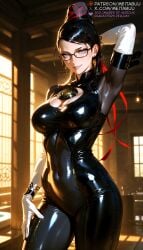 ai_generated amulet arm_behind_head arm_up armpits bayonetta bayonetta_(character) black-framed_eyewear black_bodysuit black_hair blue_eyes bodysuit breasts cleavage cleavage_cutout clothing_cutout covered_navel cowboy_shot earrings elbow_gloves female glasses gloves hair_ribbon indoors jewelry large_breasts latex latex_bodysuit lips long_hair looking_at_viewer makeup meitabuu mole mole_under_mouth parted_lips red_ribbon ribbon sega shiny_clothes single_hair_bun skin_tight smile solo white_gloves window