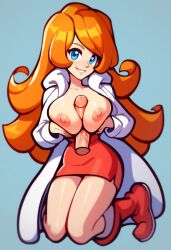 1boy 1girls ai_generated blue_eyes breasts civitai clothed exposed_breasts female floating_penis hetero looking_at_viewer male male/female mona_(warioware) nintendo orange_hair paizumaster69 paizuri penis titjob unseen_male wario_(series) warioware