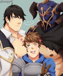 adam_(granblue_fantasy) bara bara_tits big_breasts breasts cumdump cute_male gay gran_(granblue_fantasy) granblue_fantasy heart_symbol huge_tits in_between male male_only meat_toilet muscular_male nipples osuppai peace_signs sexy_male squished_between_breasts sweating taking_clothes_off vaseraga voluptuous_male watermark yaoi