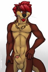 2017 5_fingers anthro athletic balls beard beige_penis biped black_claws black_nose brown_fur brown_tail bulge chest_tuft claws countershade_tail countershade_torso countershading erection facial_hair fory front_view fur goatee gold_(metal) gold_chain gradient_background hair hand_on_hip hi_res humanoid_penis jewelry male male_only mammal multicolored_fur multicolored_tail mustelid navel necklace nude otter penis portrait red_eyes red_hair short_hair signature simple_background smile solo standing tan_balls tan_countershading tan_fur tan_tail thick_tail three-quarter_portrait tsaiwolf tuft two_tone_fur two_tone_tail uncut webbed_hands whiskers