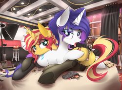2017 absurdres anatomically_correct anatomically_correct_pussy animal_genitalia animal_pussy anus ass bowl clitoris cutie_mark duo english_text equine equine_pussy eyelashes eyeshadow female feral friendship_is_magic highres hooves horn indoors looking_at_viewer makeup mammal multicolored_hair my_little_pony nevobaster notebook open_mouth pussy rarity_(mlp) stool sunset_shimmer text thighhighs tongue tongue_out two_tone_hair unicorn