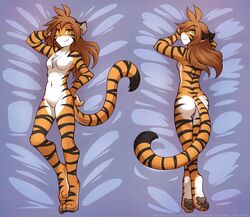 1girls 2017 anthro breasts brown_hair dakimakura_design edit featureless_breasts feline female flora_(twokinds) fur hair mammal navel nude_edit orange_fur pussy solo stripes tiger tom_fischbach twokinds yellow_eyes