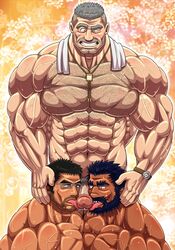 3boys abs bara beard blush erection facial_hair gas_heckman gasheckman gay glasses hand_on_head licking male male_only multiple_blowjob muscle muscular muscular_male nude pecs penis threesome tongue tongue_out towel yaoi