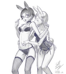 2girls animal_ears artist_name blush bow bow_bra bra braid braided_ponytail breasts bunny_ears choker closed_eyes closed_mouth earrings glasses greyscale hair_between_eyes hairbow hands_on_another's_waist highres hug hug_from_behind jewelry lingerie long_hair looking_at_another looking_to_the_side medium_breasts monochrome multiple_girls navel open_mouth original panties ponytail salmon88 short_hair simple_background sketch stomach sweatdrop teeth thighhighs tongue underwear underwear_only very_long_hair