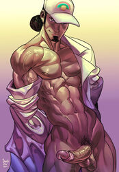 1boy abs bara cum dreadful_alibi erection facial_hair hat kukui_(pokemon) looking_at_viewer male male_only muscle penis pokemon pokemon_sm presenting smile solo testicles undressing