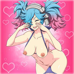 arched_back areolae ass bare_arms bare_legs bare_shoulders bikini bikini_pull blue_bikini blush breasts breasts_out butt_crack closed_eyes collarbone crying female fire_emblem fire_emblem_fates hair_over_one_eye hair_ribbon heart highres large_breasts legs multicolored_hair navel nipples open_mouth peri_(fire_emblem) pussy ribbon shaved_pussy simple_background solo standing tears thighs thong thong_pull uncensored yuki_(12cut)