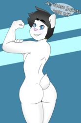 2017 anthro areola ass athletic big_butt blue_eyes breasts butt_shot english_text feline female fur hair hi_res huge_butt looking_at_viewer mammal mcfly0crash nipples nude short_hair simple_background small_breasts smile solo text thick_thighs tomboy