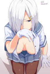 1boy after_sex blouse blue_eyes blue_skirt breasts female gloves grey_hair hair_ornament hair_over_one_eye hairclip hamakaze_(kantai_collection) kantai_collection kichihachi kneeling large_breasts open_blouse open_clothes pantyhose pleated_skirt school_uniform serafuku short_hair skirt solo_focus spread_legs white_gloves wiping_mouth