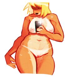 anthro areola bandicoot blonde_hair breasts cellphone female front_view hair mammal marsupial nipples nude phone pussy queervanire selfie simple_background solo suntan sweat tan_line