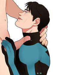 2boys batman_(series) black_hair blue_eyes clothed clothing dc dc_comics dick_grayson erection gay male male_only multiple_boys nightwing penis penis_grab richard_wayne short_hair smile yaoi