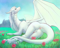 1girls 2017 4_toes anus ass bitemylip blue_eyes blue_hair crossed_legs detailed_background dragon dragoness female female_only feral field flower grass hair hi_res horn looking_up lying nude on_side outside plant presenting pussy rear_view rose roses scalie sky solo solo_female tail toes vagina white_body white_hair white_neck white_skin wings