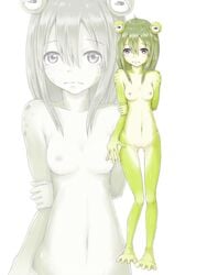 2015 amphibian anthro blowup_background blue_eyes blush breasts female frog gecotan47 green_hair green_skin hair looking_at_viewer navel nipples nude pussy simple_background solo standing white_skin