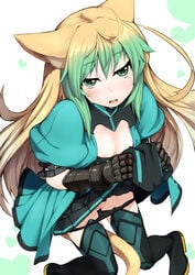 1girls ahoge animal_ears arm_belt arm_garter asymmetrical_gloves atalanta_(fate) bangs black_boots black_legwear black_panties black_skirt blonde_hair blush boots breasts cat_ears cat_tail cleavage cleavage_cutout dress fate/apocrypha fate/grand_order fate_(series) gauntlets gloves gradient green_eyes green_hair hair heart highres holding juliet_sleeves long_hair long_sleeves looking_at_viewer miniskirt miniskirt_lift multicolored_hair nejime open_mouth panties panties_around_thighs pleated_skirt puffy_short_sleeves puffy_sleeves pussy short_sleeves simple_background skirt skirt_lift solo sweat sweatdrop tail thigh_boots thighhighs thighs two-tone_hair underwear very_long_hair white_background