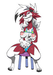 1girls anthro big_breasts big_hands bikini black_fur breasts claws clothing female fur furry grin hand_on_breast jijis-waifus lycanroc micro_bikini midnight_lycanroc nintendo nipple_piercing nipples oh-jiji paws piercing pink_eyes pink_sclera pokemon pokemon_sm pokemorph red_fur sharp_teeth simple_background sitting smile solo stool swimsuit teeth video_games white_background white_fur