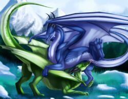 2017 anus ass_up blue_body blue_eyes blue_scales cunnilingus detailed_background dragon duo female feral feral_on_feral green_body green_eyes green_scales horn membranous_wings mountain nature on_top open_mouth oral outside pussy pussy_juice scales scalie sex sky smile spread_legs spreading teeth tongue tongue_out tree vaginal_penetration western_dragon wing-of-chaos wings yuri