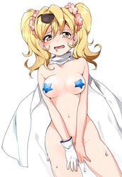 blonde_hair blue_pasties blush breasts cape contrapposto covered_nipples cowboy_shot drooling dutch_angle kinu_(le) looking_at_viewer medium_breasts naked_cape navel nude open_mouth pasties pussy_juice star_pasties sunglasses sunglasses_on_head twintails