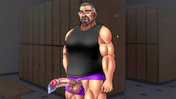 1boy bara beard blush condom dobnezumi erection facial_hair glasses gym male male_only muscle old_man penis silver_hair solo testicles