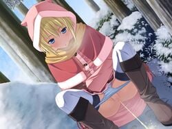 blonde_hair blue_eyes boots breath brown_boots brown_gloves censored crossed_arms dress dutch_angle female footprints fuyu_no_rondo game_cg gloves highres hood hood_up lace lace-trimmed_panties marie_lumiaula mosaic_censoring nature outdoors panties panty_pull peeing pussy red_dress red_hood scarf snow solo squatting thighhighs tree underwear white_legwear winter_clothes yasuyuki yellow_scarf