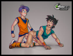 2boys anal ass black_hair black_hair_bottom blush bottomless domination dragon_ball dragon_ball_z erection full_body gay light_hair_on_dark_hair male male_only multiple_boys partially_clothed penetration penis purple_hair purple_hair_on_black_hair purple_hair_top sex smile socks son_goten sweat teeth testicles trunks_briefs undressing woofer_kid yaoi