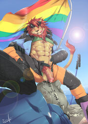 anthro balls feline humanoid_penis lion male male_only mammal noraneko open_pants penis rainbow_flag rainbow_symbol solo