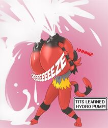 anthro areola big_breasts breast_press breasts breasts_squeeze english_text erect_nipples female gigantic_breasts huge_breasts huge_nipples hyper hyper_breasts incineroar lactation large_areolae lysergide milk nintendo nipples nude pokemon pussy solo text thick_thighs tits_(lysergide) video_games