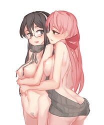 2girls akashi_(kantai_collection) aran_sweater ass ass_cleavage backless_outfit bare_back bare_shoulders black_hair blue_eyes blush breast_press breasts butt_crack dress eye_contact glasses green_eyes hair_ribbon hairband halterneck highres kantai_collection large_breasts long_hair looking_at_another meme_attire multiple_girls naked_sweater nipples ooyodo_(kantai_collection) open-back_dress open_mouth pink_hair pubic_hair pussy reverse_virgin_killer_sweater ribbed_sweater ribbon saliva saliva_trail senbon_(pixiv17936842) shared_clothes shared_sweater sweater sweater_dress tongue tress_ribbon turtleneck turtleneck_sweater uncensored virgin_killer_sweater wardrobe_error yuri