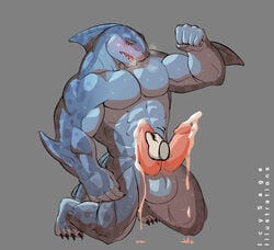 1boy 2017 anthro balls bara blush cum diphallia diphallism fish icysage male male_only marine masturbation multi_penis muscular penis shark simple_background solo