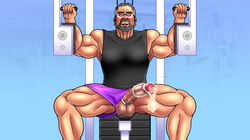 1boy bara beard blush condom dobnezumi erection facial_hair glasses gym male male_only muscle old_man penis silver_hair solo testicles