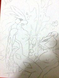 anthrofied buggery fur furry furry_only interspecies male male_only monochrome multiple_males nintendo pokemon pokemon_(species) pokemon_gsc raikou side_view sketch suicune yaoi