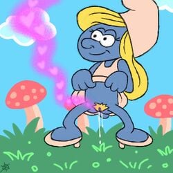 blonde_hair blue_skin dress_lift eyelashes female female_only hat heels mushroom pheromones pubic_hair pussy smurf smurfette solo the_smurfs xod