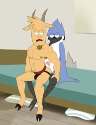 armpit_hair avian bed biceps bird bulge couple duo furry gay goat grinding jerseydevil jockstrap male mordecai mordecai_(regular_show) muscles pecs penis regular_show thomas thomas_(regular_show) underwear yaoi