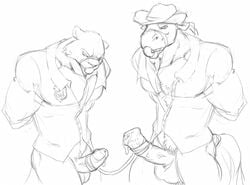 2boys anthro ball_gag balls ballsack beefy body_fur bottomless cougar cowboy_hat equine equine_penis erection feline forge_(artist) furry gay horse horse_tail horsecock long_hair_male male male/male male_only male_pubic_hair mammal mane masculine mature_male medial_ring monochrome muscles muscular_male partially_clothed pecs penis scrotum sketch testicles thewielder veiny_penis yaoi